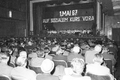 Maikundgebung 1967 im Gewerkschaftshaus unter dem Motto "Auf sozialem Kurs voran"